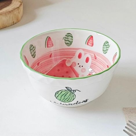 Bol en céramique avec motif de lapin et fraise pour collation, salade, fruits, dessert (vert) (1/5)