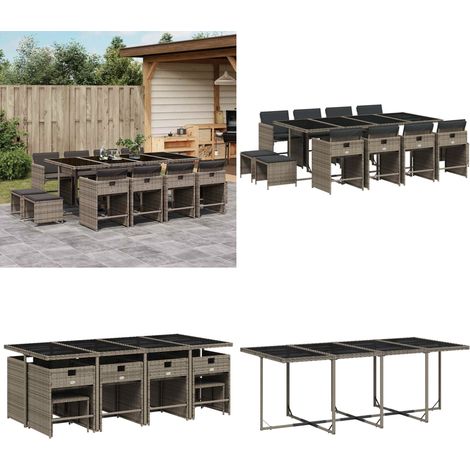Set comedor de jardín con cojines 13 pzas ratán sintético gris - Sillas de jardín - Cojines para sillas