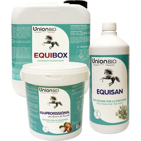 KIT SALVAGUARDIA del PIEDE CAVALLO: Equisan soluzione zoccolo 1L  più  Equiprofessional grasso zoccolo 1l  più  Equibox detergente ambiente da 5lt