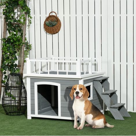 Caseta elevada para perro con balcón y escalera, 121 x 77 x 78 cm, madera, gris claro (1/5)