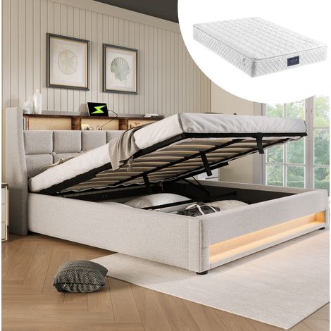 lit double coffre 140x200 LED USB lin beige OKMYHOME (1/5)