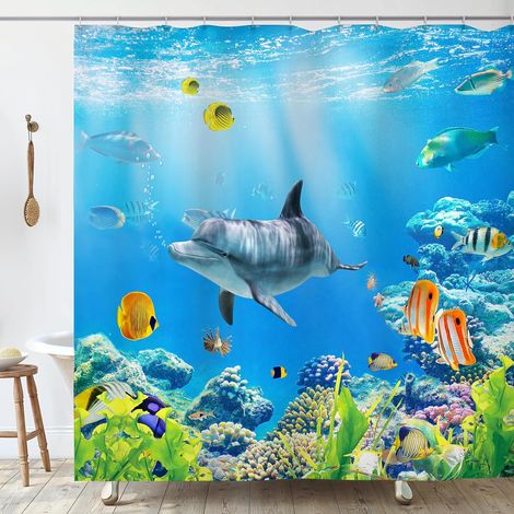 Rideau Douche Anti Moisissure 200x200 cm Dauphin Fond Marin Rideau de Douche Baignoire Tissu Imperméable Polyester Poisson Océan Bleu Rideaux Salle de Bain Tissus Lavable Machine (1/5)