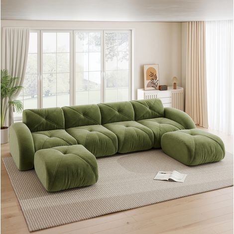 Divano modulare a U 358x171x76 cm in ciniglia verde, 4 posti con 2 pouf – MEUBLIV (1/5)