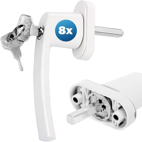Lot de 8 poignées de fenêtre verrouillables blanches en acier, tige 35 mm, serrure avec clés incluses, sécurité antivol et sécurité enfants (1/5)