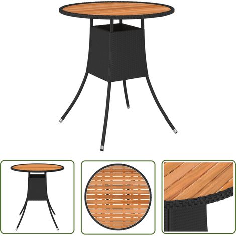 The Living Store Garten-Esstisch Schwarz Ø 70 cm Poly Rattan Massivholz Akazie - Gartentisch - Esstisch - Outdoor Möbel - Balkonmöbel - Terrasse (1/5)