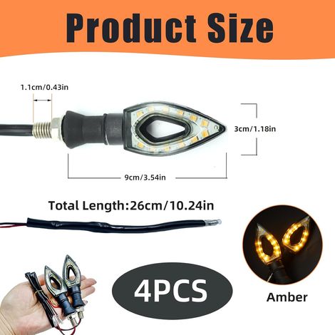 4 pezzi Luce di direzione a LED per moto 12 V, luce di direzione universale completa per moto, indicatori a LED con luce scorrevole per moto, scooter, veicoli elettrici (ambra) (1/4)