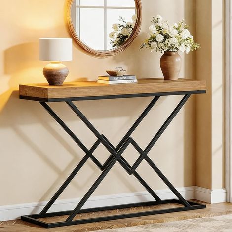 Tribesigns 47.2" Entryway Table, Industrial Console Table with Solid Wood Tabletop & Geometric Metal Frame for Living Room, Hallway, Entrance, Entryway, Brown & Black (1/5)