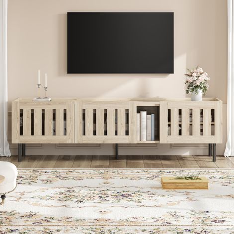 Meuble TV 160x40x47 cm avec compartiments de rangement, 5 pieds, en MDF, naturel
