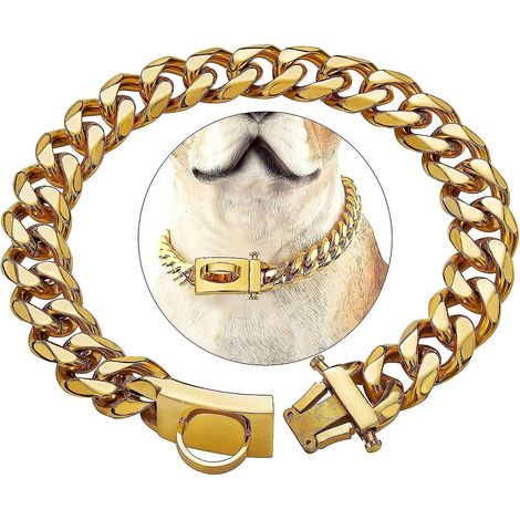 Goldenes Hundehalsband mit Sicherheitsschnalle, bissfester und robuster Antriebskette aus Edelstahl. (1/4)