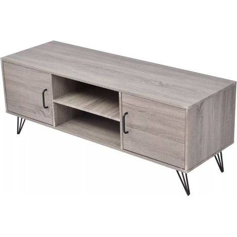 Meuble TV 2 niches 2 portes bois gris et métal noir Kanoe (1/3)