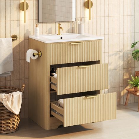 Meuble sous-vasque avec lavabo céramique, tiroirs et porte-papier, bois naturel, 61x47x82 cm (1/5)