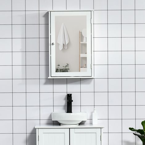 Specchio Bagno Contenitore con Anta Magnetica, Mobile Bagno con Specchio, Ripiano Regolabile, Bianco (1/5)