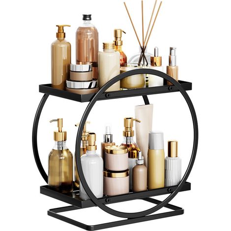 Étagère Organisateur Salle de Bain 2 Niveaux Rond, Rangement Vanité Noir en Métal pour Cosmétiques, Produits de Toilette