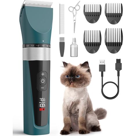 Quiet Cat Clipper, Cat Shaver (Green) Long Hair Cat Clipper, 5 Speed LCD Screen, IPX7 Waterproof, Removable Ceramic Blade, Easy Clean (1/5)