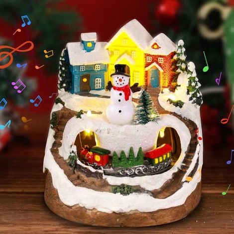 Julby med ljus, musikalisk julstad med ett roterande tåg och ljusshow, en julbyljusshow, LED-julstad Snowman (1/5)
