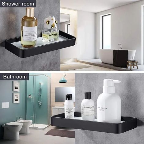 Étagère de rangement de salle de bain rectangulaire, étagère de rangement de salle de bain sans perforation, sans encombrement, verre à bords noirs 30cm (1/4)