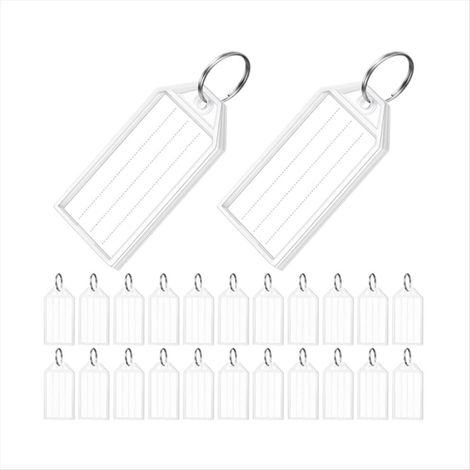 100 portachiavi, ciascuno con una catenella di plastica da 5 cm, etichetta di carta a righe bianca, copertura trasparente e identificativo dell'articolo. (1/3)
