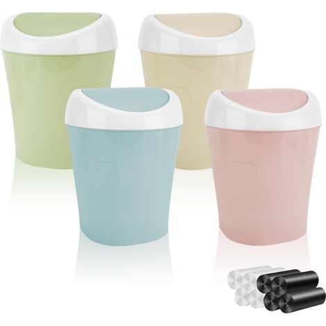 Lot de 4 petites poubelles avec couvercle, mini poubelle de table avec couvercle basculant et 8 rouleaux de sacs poubelles, multicolores, 10 x 12 x 17 cm, poubelle de table pour salle de bain, bureau (1/5)