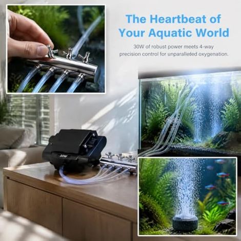 Pompe à air pour aquarium 30 W avec 4 sorties : aérateur de bassin réglable, pompe aérateur puissante et silencieuse, jusqu'à 1800 l/h (1/3)