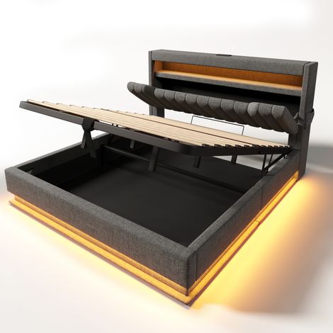 Lit rembourré 180x200 cm, lit double, tête de lit de rangement avec ports USB et Type-C, éclairage LED à la tête et au pied du lit, avec rangement hydraulique, gris, lin. (Sans matelas) (1/5)
