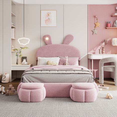 Lit capitonné 140x200 cm en velours rose, design oreilles de lapin, sommier à lattes, coffre relevable et 2 poufs (1/5)