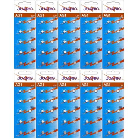 Lot de 100 piles bouton alcalines plates Type AG1/G1 compatibles LR60 LR621 SR621W 364 1,5V - Juanio - (1/2)