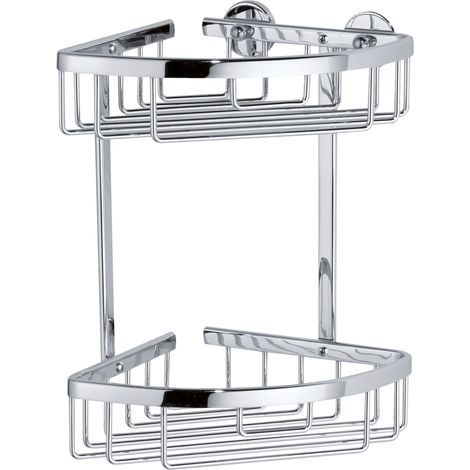 Tesa – Étagère d'angle 2 paniers – Installation facile sans perçage – Aluminium chromé – Fixation résistante à l'eau – Pour carrelage et métal (1/10)