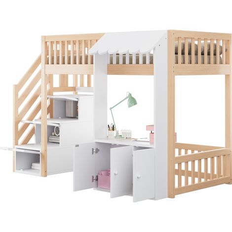Lit mezzanine enfant 140x200 cm lit combiné avec led, long bureau, échelle sécurisée et rangement modulable, bois naturel