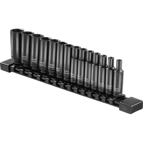Jeu de douilles à choc 1/4", 14 pièces profondes métriques 4-15mm, acier Cr-Mo 6 pans, marquages lisibles, rangement robuste. (1/5)