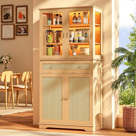 Küchenschrank, mit 5 Ebenen, 1 Schublade, Holz & Glas, mit Kippschutz, 180x75x40 cm, für Küche & Esszimmer, Naturholz