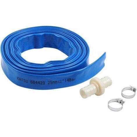 KATSU Layflat Tuyau de Refoulement 10 m x 25 mm, mit 2 Clips und Anschlüssen, praktisch für Tauchpumpen und Wasserpumpen für Drainage, Gartenbewässerung, Schwimmbad, Blau 664423 (1/5)