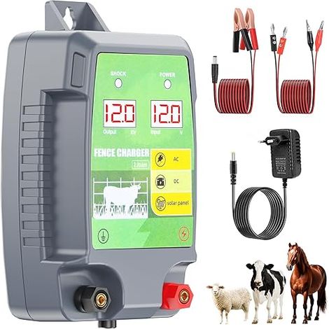 Clôture Électrique pour Bétail Animaux, 12kV 3.0J Tension de Sortie Électrificateur Clôture Électrique avec Affichage LED, Protection pour Chevaux Moutons Chien Pâturages Ferme (Gris-Vert) (1/5)