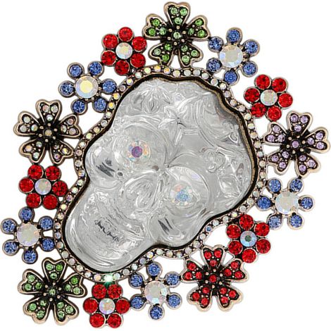 Spilla a forma di teschio tempestata di cristalli, accessorio perfetto per le feste.