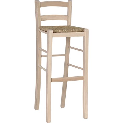 Taburete de bar alto en madera cruda para pintar h 80 cm asiento de paja (1/5)