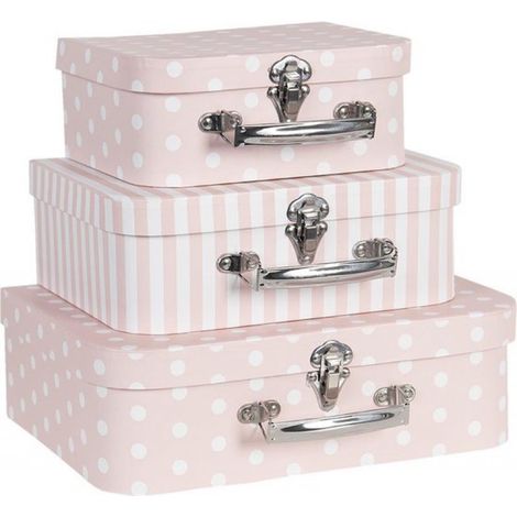 Ensemble de 3 valises décoratives rectangulaires en carton rose et blanc, 30 x 21 x 9 cm / 25 x 18 x 9 cm / 20 x 16 x 8 cm (1/4)