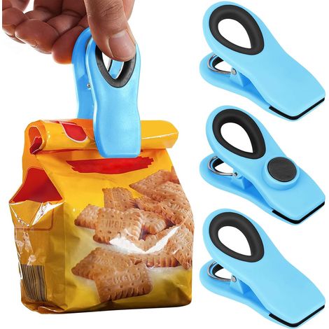 Juego de 4 clips magnéticos para bolsas de alimentos, ideales para bolsas de patatas fritas y otras bolsas de almacenamiento herméticas (azul). (1/4)