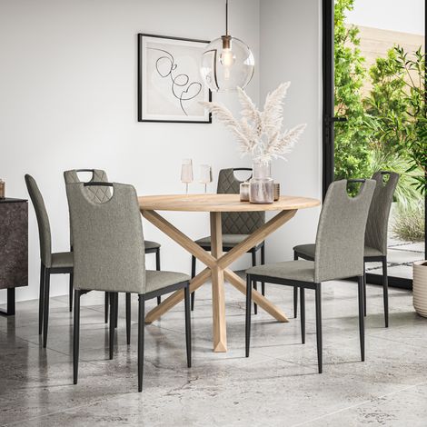 Malvern Round Dining Table And Chairs - Oak Table Top w Solid Oak Legs + Monza Fabric Dining Chair Set Of 6 (Grey) (1/5)