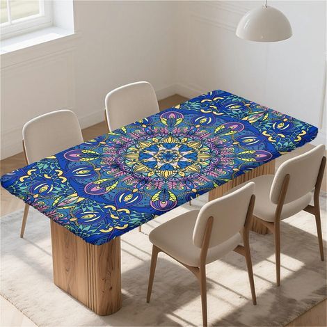 Housse de table rectangulaire 120x80 cm avec élastique, imperméable, lavable, mandala bleu