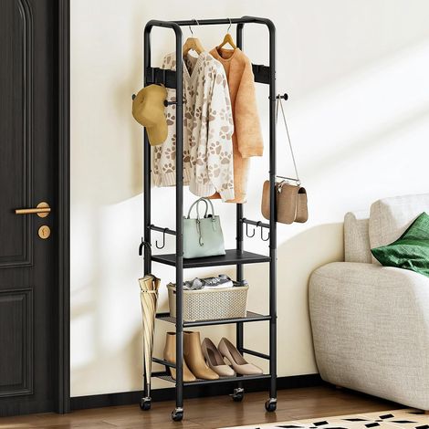 Portant à Vêtements Mobile 3 Niveaux avec 4 Roulettes (2 Freinables), 1 Barre de Suspension, 3 Étagères et 8 Crochets, pour Entrée, Chambre, Dressing, Salon, Noir DTYM17BB (1/5)