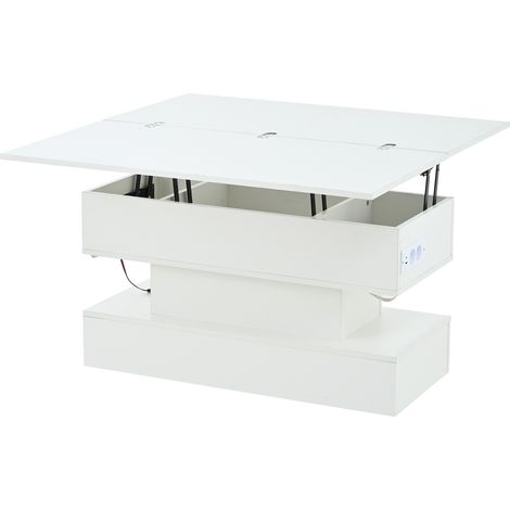 Tavolino da salotto sollevabile bianco 100x50x51,5 cm con LED, prese USB e USB-C (1/5)