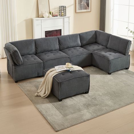 Divani modulare 6 posti in corda, 308 cm, ergonomico con tasche portaoggetti, componibile in forma U/L/letti, struttura in legno e metallo, grigio