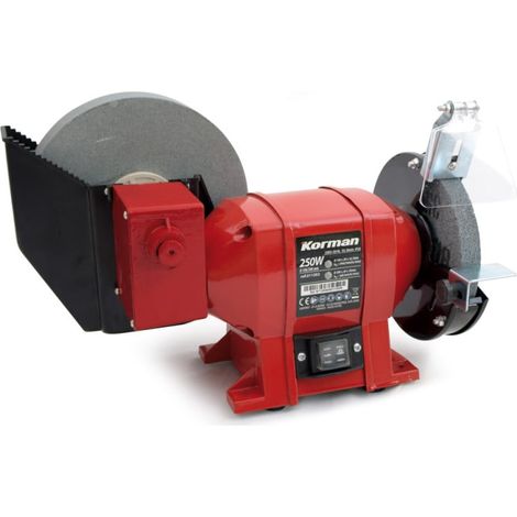 Touret à meuler 250W – Meule sèche Ø150mm grain 36 – Meule à eau Ø200mm grain 80 – Vitesse 2960/160 tr/min – Moteur à induction silencieux – Korman