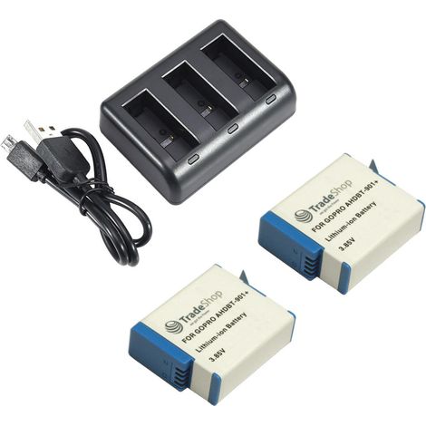 2x Akku + 3-fach Ladegerät für GoPro Hero 12 Black AHDBT-901+ SPBL1B CHDFB-111 CHDHX-101 CHDHX-901 / Ladestation mit Micro-USB Kabel (1/3)