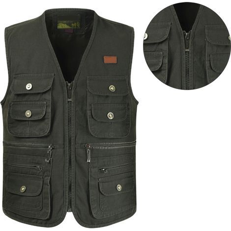 Veste de pêche respirante en coton, multiples poches, taille XL, vert, parfaite pour journalisme et plein air. (1/5)