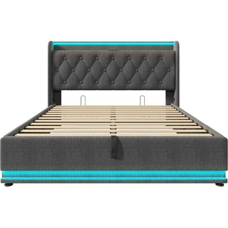 Polsterbett Leinen Grau 160x200 cm mit LED, hydraulischem Stauraum, USB/Typ-C und Lattenrost (1/5)