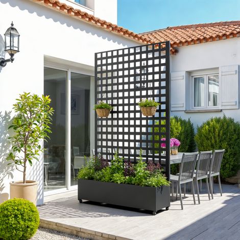 Casa.Pro – Cloison brise-vue avec bac à fleurs sur roulettes – Acier galvanisé noir – Dimensions 190 x 82 x 38 cm – Montage rapide et stable (1/5)