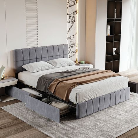 lit double 160x200cm, lit 160x200 avec sommier, lit adulte avec 4 tiroirs, cadre de lit, Sommier à Lattes, velours, Gris (1/5)