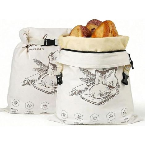 Lot de 2 sacs réutilisables pour conserver le pain fait maison, en coton et cire d'abeille, couleur grise, fermeture éclair.-AquaForge (1/5)