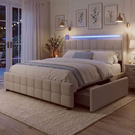 Lit Double Rembourré 180x200 avec LED RVB, Prises USB et 4 Tiroirs de Rangement - Cadre de Lit en Lin avec Sommier à Lattes, Design Moderne - Beige