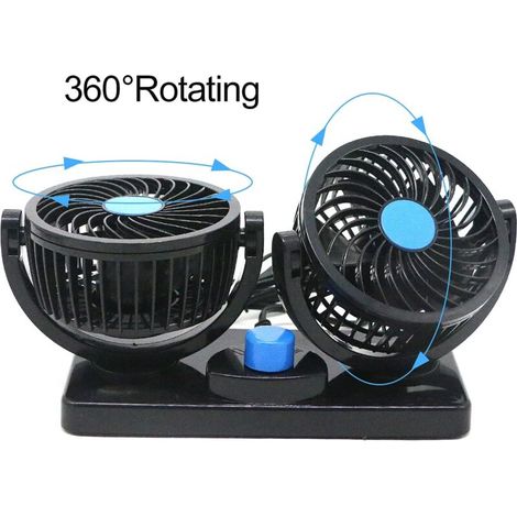Ventilateur à double tête 12v, ventilateur de refroidissement électrique à double tête, rotation à 360 ° 2 vitesses s'adapte à toutes les voitures familiales ou avec prise allume-cigare 12VDC